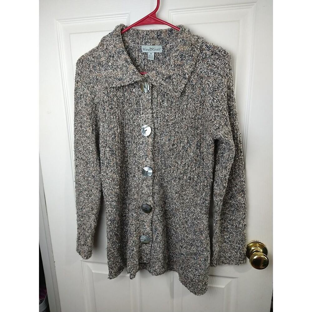 Windiriver Woman M Sweater Cardigan Brown Variegated Big Button Collared Long...